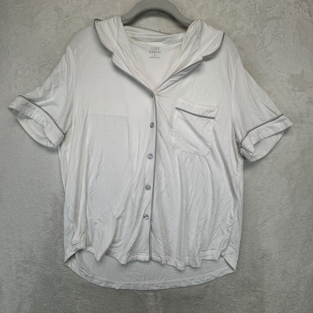 Cozy Earth Bamboo Sleep Shirt Button Front Women's M White Short Sleeve Soft